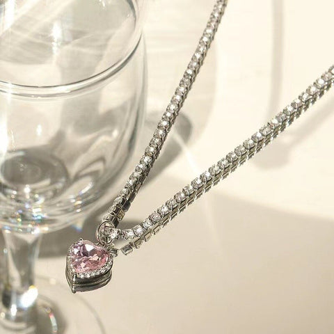 Pink Heart Pendant Necklace for Women Lovers Rhinestione Clavicle Chain Chocker Female Cute Crystal Moonstone Jewlery Gifts