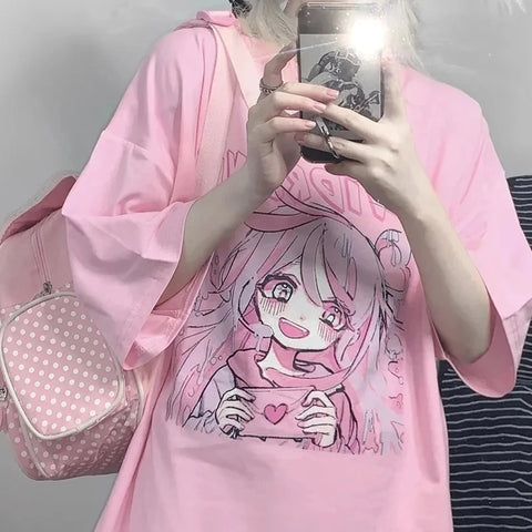 T-Shirt Women Harajuku Aesthetic Lovely Pink Tops Japan Anime Print Style Y2K Comics Female T Shirt Kawaii Accessory Street Top