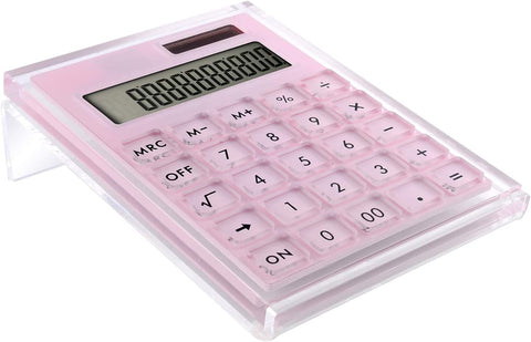 Acrylic Calculator with Stand, Battery and Solar Hybrid Powered Basic Calculator 12-Digit LCD Display,Home Office Desktop Accessories(Pink)