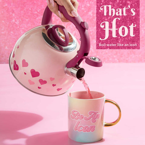 Whistling Tea Kettle Stainless Steel, Shimmering Finish with Heart Decal, 2.2-Quart, Pink