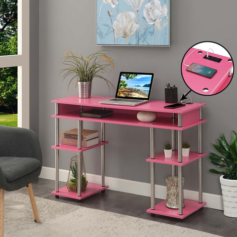 Designs2Go No Tools Student Desk with Charging Station and Shelves, Pink