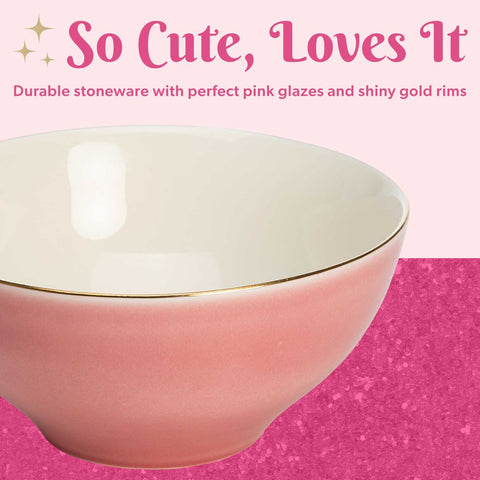 3-Piece Ceramic Bowl Set, Nesting Mixing Bowls, Dishwasher Safe, Pink and Gold