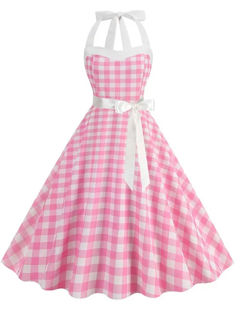 2023 Vintage 50S 60S Women Summer Party Dress with Belt Pink Plaid Print Halter Hepburn Robe Rockabilly Dresses