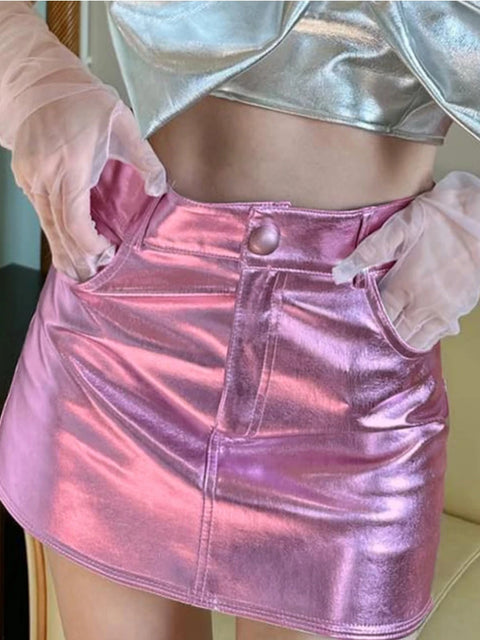 Summer Autumn Pink Silver Reflective Shiny Patent Leather Mini Skirts for Women High Waist a Line Short Sexy Y2K Clothes