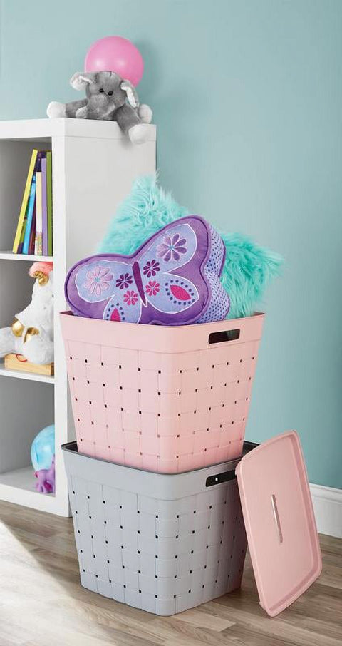Child and Teen Wide Weave Plastic Stacking Storage Bin with Lid, Pink