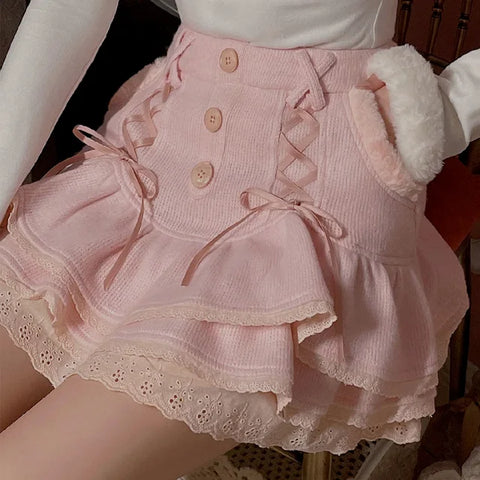 Japanese Lolita Kawaii Clothes Pink Mini Skirt with Shorts Lace High Waist Korean Style Women 2023 New Fall White Skirt Fluffy