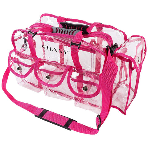 Clear PVC Makeup Bag - Large Professional Makeup Artist Rectangular Tote with Shoulder Strap and 5 External Pockets - PINK