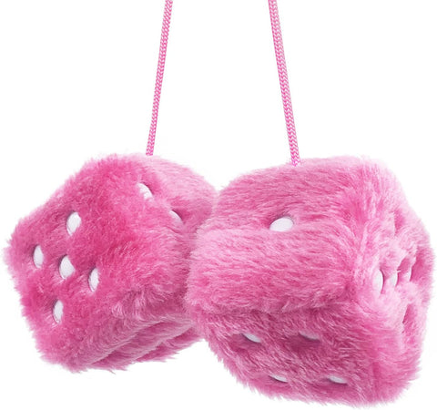 Pair of Retro Square Mirror Hanging Couple Fuzzy Plush Dice with Dots for Car Decoration (Pink)