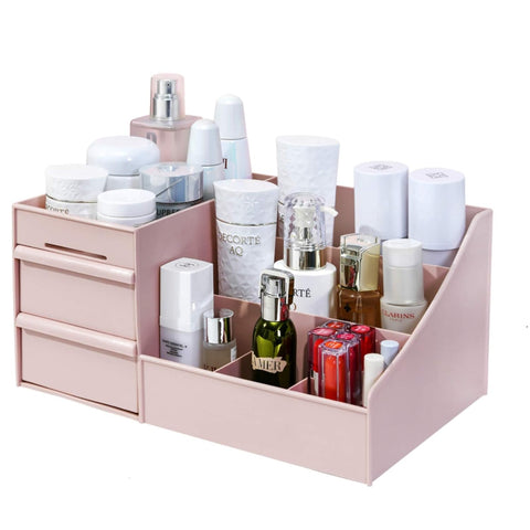 Makeup Organizer for Vanity— Bathroom Countertop Cosmetics Organizer with Drawers for Lipstick, Brushes, Lotions, Eyeshadow, Nail Polish and Jewelry (Pink)