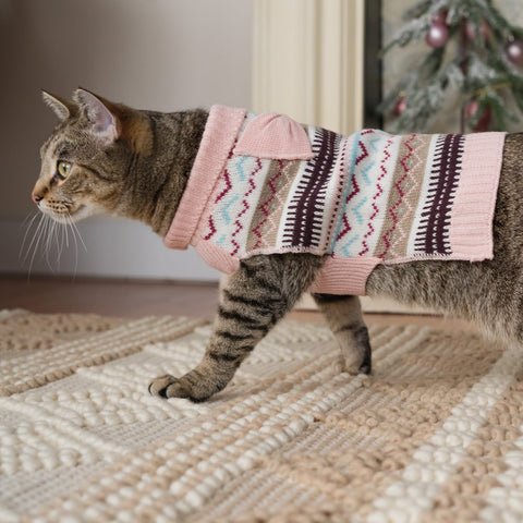 , Dog and Cat Clothes, Fair Isle Pet Sweater, Pink, XS