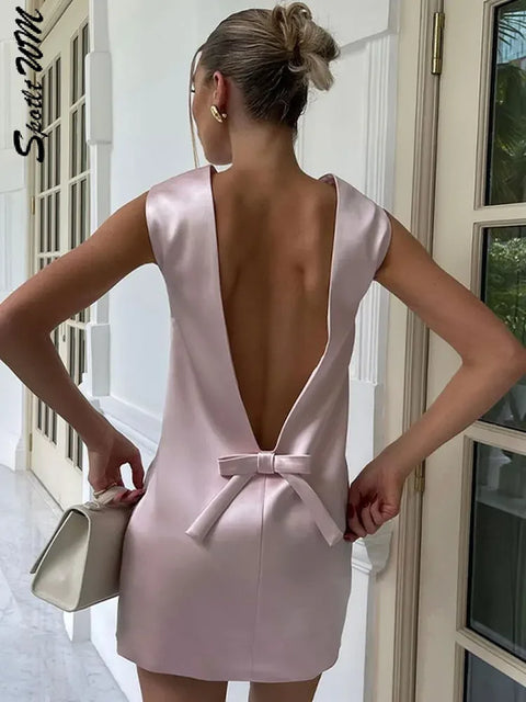Elegant Pink Backless Bow Mini Dress for Women Sexy round Neck Sleeveless High Waist Slim Dresses Fashion Night Party Vestidos