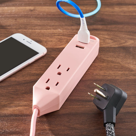 3-Outlet Surge Protector with 2 USB Ports, Pink, 3'