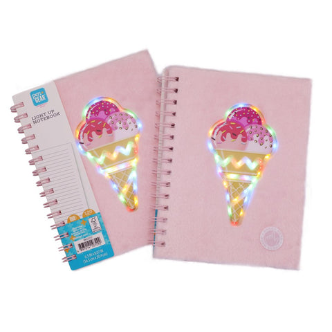Pen + Gear Light-Up Journal, Ice Cream Cone Design, Pink Furry Cover, Lined Paper, Twin Wire Bound