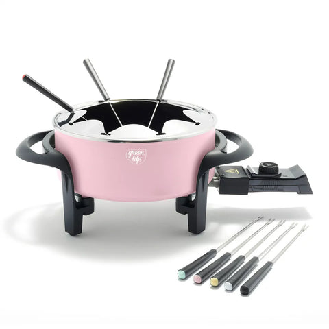 Healthy Ceramic Non-Stick Electric 3QT Fondue Party Set with 8 Color-Coded Forks, Pink