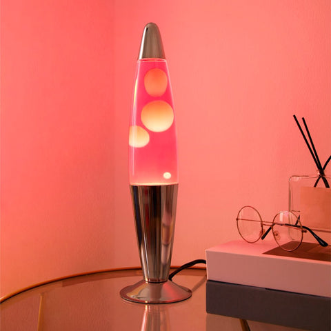 , 16" Rose Gold Lava Motion Volcano Lamp, Pink Wax in Pink Liquid, Chrome Metal Base, LED