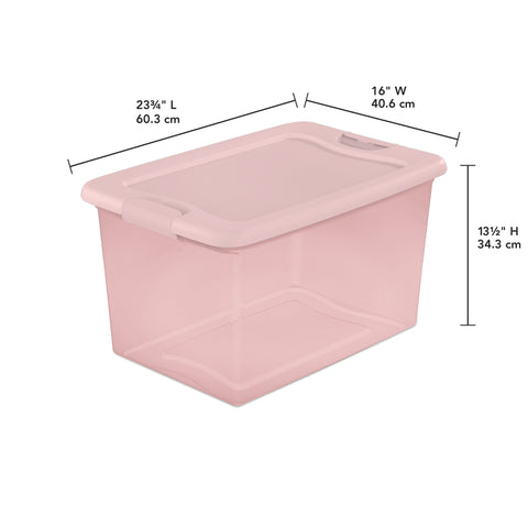 64 Qt. Clear Plastic Latching Box, Pink Latches with Pink Lid