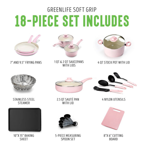 18-Piece Soft Grip Toxin-Free Healthy Ceramic Non-Stick Cookware Set, Pink, Dishwasher Safe