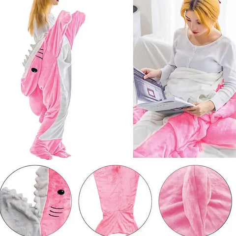 Pink Shark Sleeping Bag Soft Hoodie Cozy Shark Blankets for Children Adults Home Office Nap Fabric Mermaid Shawl Blanket