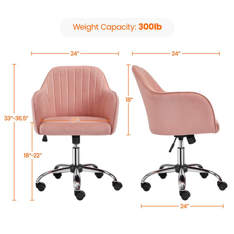 s Velvet Mid-Back Task Chair with Armrests, Pink