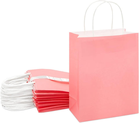 25-Pack Pink Gift Bags with Handles, 8X4X10-Inch Medium-Sized Kraft Paper Party Favor Goodie Bags for Weddings, Bridal Showers, and Baby Showers, Boutique Merchandise Bags for Small Businesses