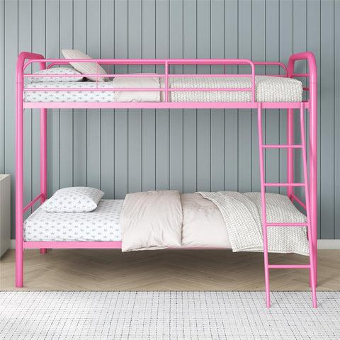 Dusty Twin over Twin Metal Bunk Bed with Secured Ladder, Pink