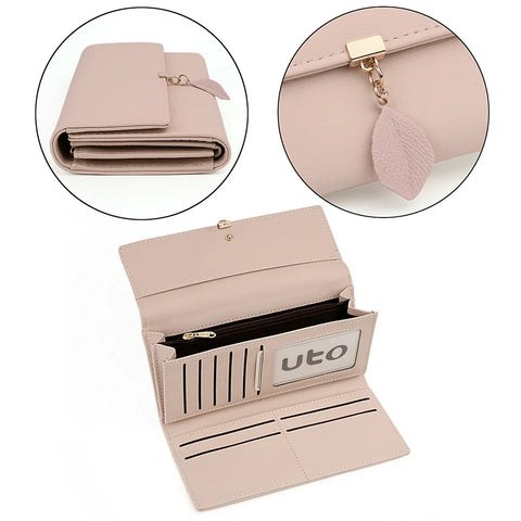Womens Wallet PU Leather RFID Blocking Card Holder Elegant Zipper Coin Purse Leaf Pendant(Pink)
