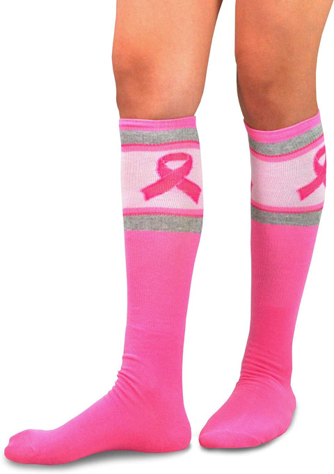Breast Cancer Awareness Pink Ribbon Knee High Socks for Women 9-Pairs Gift Box (Pink Ribbon)