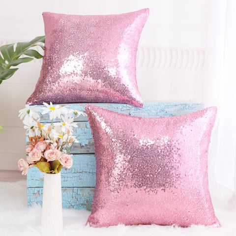 2 Pack Sequins Decorative Throw Pillow Covers 16" X16" Pink
