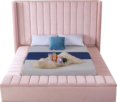 Kiki Collection Modern | Contemporary Velvet Upholsterd Bed with Channel Tufting, Siderails and Footboard Storage Compartments, King, Pink