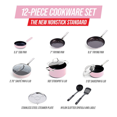 Toxin-Free Ceramic and Dishwasher Safe 12-Piece Pots and Pans Cookware Set, Pink