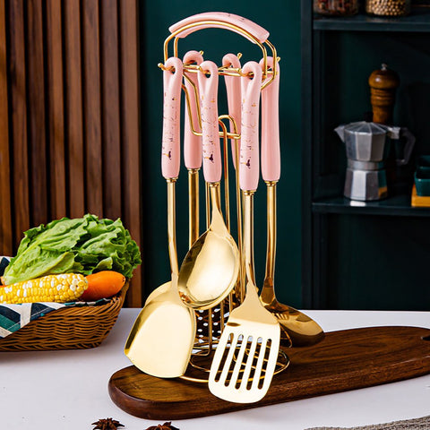 Kitchen Cookware Sets with Holder, 7Pcs Metal Cooking Tools with Ceramic Handle, Paris Hilton Cookware, Include Slotted Spoon, Slotted Spatula, Large Spoon, Soup Ladle, Spatula, Pasta Spoon