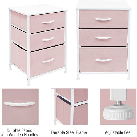 Nightstand Storage Organizer with 3 Drawers - Kids Girls, Boys Bedroom Furniture Storage Chest for Clothes, Closet Organization - Steel Frame, Wood Top, Fabric Bin (Pastel Pink)