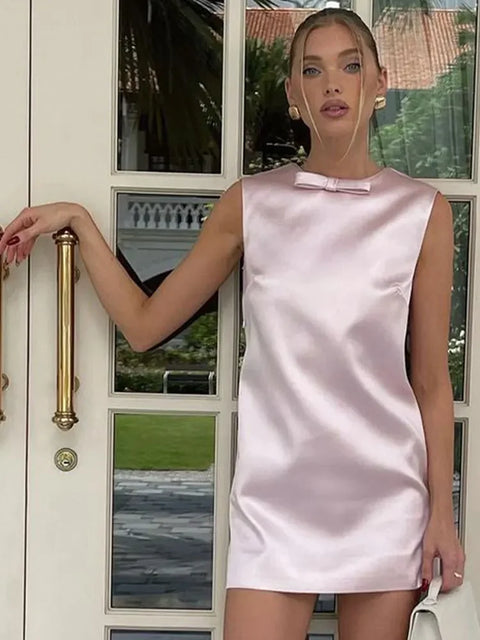 Elegant Pink Backless Bow Mini Dress for Women Sexy round Neck Sleeveless High Waist Slim Dresses Fashion Night Party Vestidos