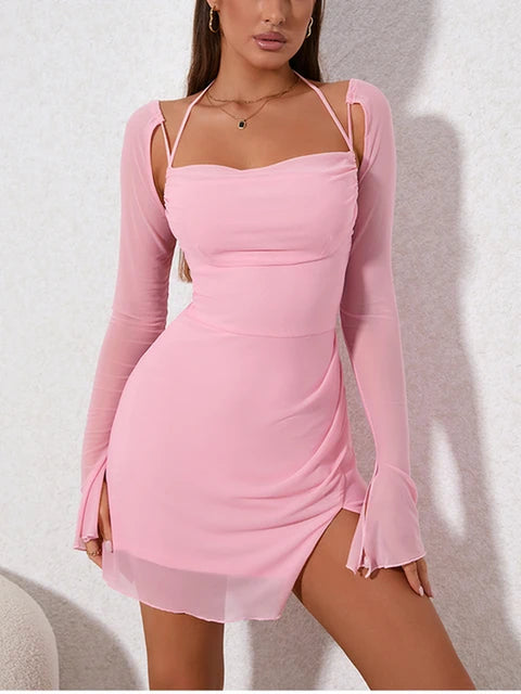 Newasia Sweet Mesh Full Sleeve Pink Dress Women Sexy Solid Backless Bandage Mini Vestido Mujer Summer Vacation Party Club Outfit