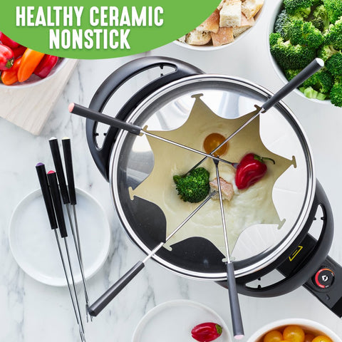 Healthy Ceramic Non-Stick Electric 3QT Fondue Party Set with 8 Color-Coded Forks, Pink