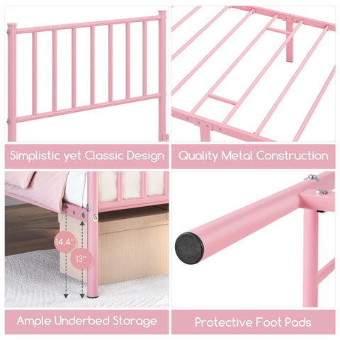 Justin Metal Platform Bed with Spindle Headboard and Footboard, Twin, Pink