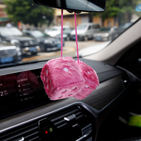 Pair of Retro Square Mirror Hanging Couple Fuzzy Plush Dice with Dots for Car Decoration (Pink)