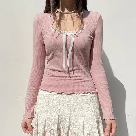 Korean Pink Sweet Knit Women'S Tee Shirt Slim Coquette Clothes Lace Patched Bow Top Casual Autumn T Shirts Frill New
