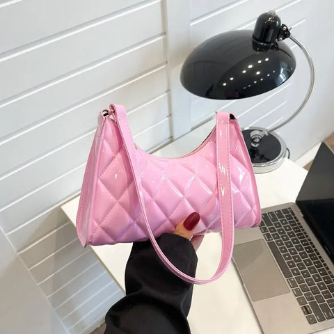 Pink Bags for Women Vintage Y2K Totes Shoulder Bags Glossy Leather Shopper Handbags Woman Rhombic Luxury Designer Bag Сумка