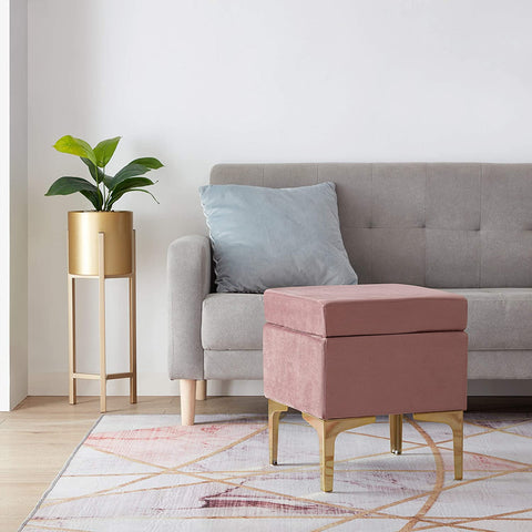 Madison Modern Contemporary Square Upholstered Velvet Ottoman - Vanity Chair - Gold Metal Legs - Blush