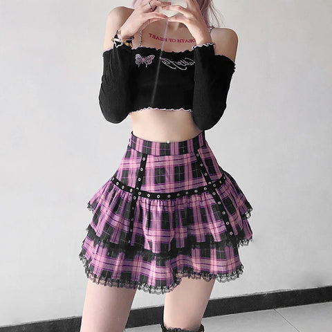 Lolita Cake Mini Skirts Gothic Japanese Harajuku Girls Purple Pink Plaid Pleated Skirt Punk Sweet Lace Kawaii Cosplay Costume