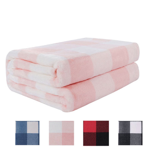 Plaid Soft Plush Fleece Blanket for Sofa Couch Bed Pink and White 50" X 60"