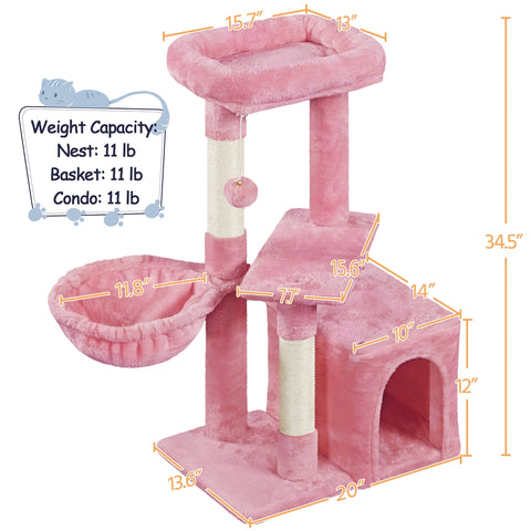 34.5" H Cat Tree Tower with Condo and Perches, Pink