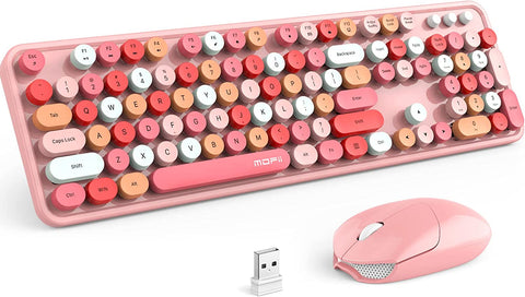 Wireless Keyboard and Mouse Combo, Pink Keyboard, 2.4Ghz Retro Full Size with Number Pad & Cute Wireless Mouse for Computer PC Laptop Notebook Mac Windows XP/7/8/10 (Pink-Colorful)