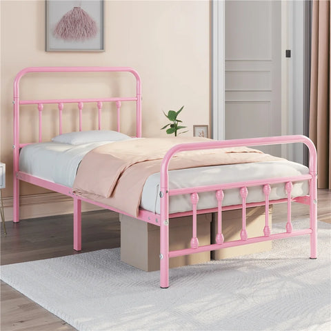 Twin Metal Bed with High Headboard and Footboard, Pink