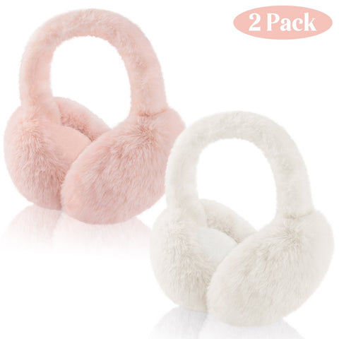 2 Packs Women Ear Muffs Soft Cute Foldable Ear Warmers for Women Gift Pink and White
