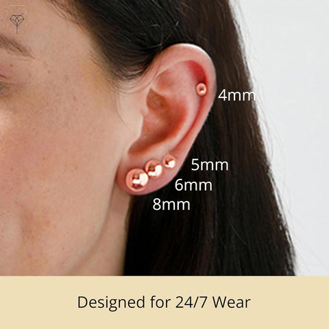 14K Gold Stud Earrings for Women | Rose Gold Ball Earrings | 14K Gold Earrings for Women & Men | Button Gold Ball Stud Earrings | 4MM-8MM Real Gold Post Earrings by
