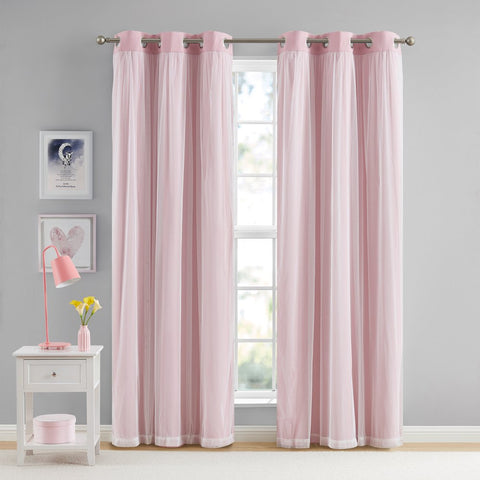 Pink Blackout with Sheer Overlay Grommet Curtain Panel, 37" X 84"