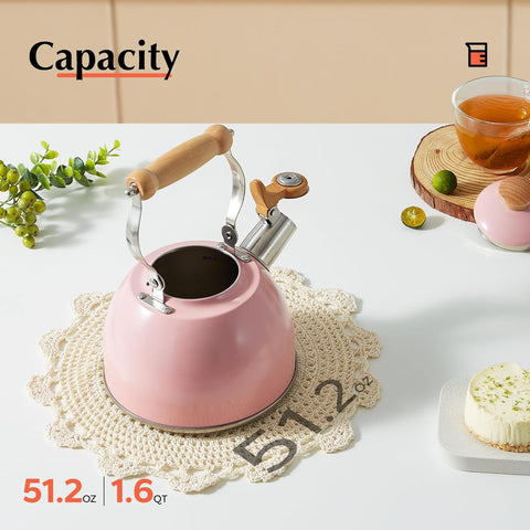 Tea Kettle, Tea Pot with Cool Touch Ergonomic Handle, Tea Kettle Food Grade Stainless Steel, Tea Kettle Stovetop, Kettle Teapot, Whistling Tea Kettle, Small Tea Kettle, 1.6 Quart (Pink)