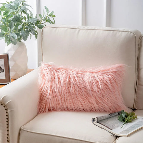 Plush Faux Fur Full Throw Pillow with Insert, 12"X20", Pink, 1 Pack
